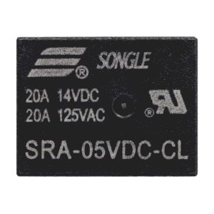 Pamje ballore e relesë SONGLE SRA-05VDC-CL me shënimet 20A 14VDC dhe 20A 125VAC në sfond të bardhë