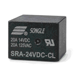 Rele e zezë SONGLE SRA-24VDC-CL me shënimet 20A 14VDC dhe 20A 125VAC në sfond të bardhë