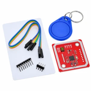Kit PN532 me modul të kuq NFC RFID, kartë të bardhë, tag blu çelësash, tela lidhjeje dhe dy pin headers